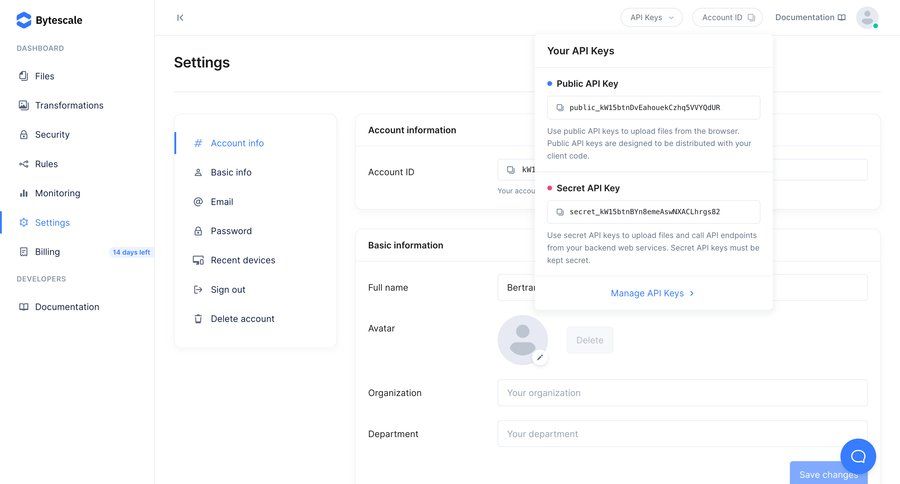 Bytescale
			 user account modern sidebar user settings settings form sidebar navigation account management account setup three-column grid upload file save changes api security ui page example