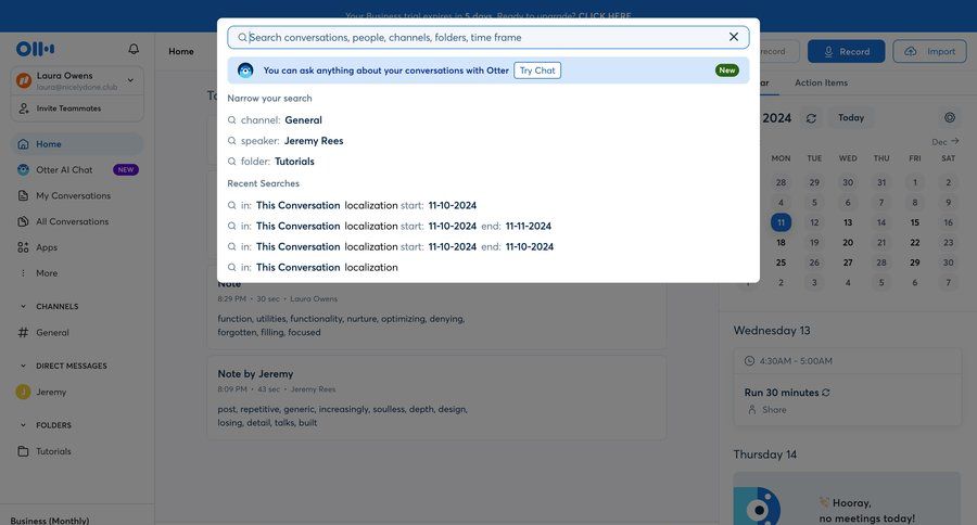 Otter
			search modal & popover command palette dropdown filters research communication filter options tips conversational voice search results meeting localization ui page example