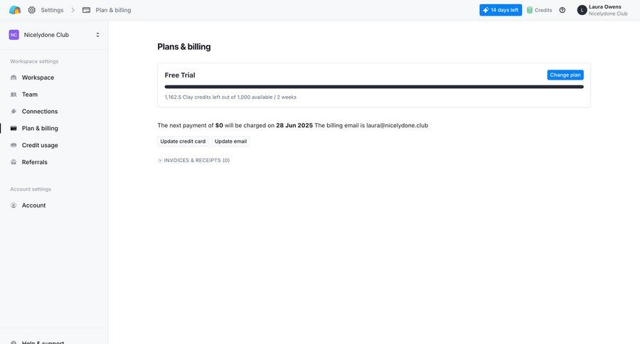 Clay
			billing settings settings account management workspace settings account settings sidebar progress bar ui page example