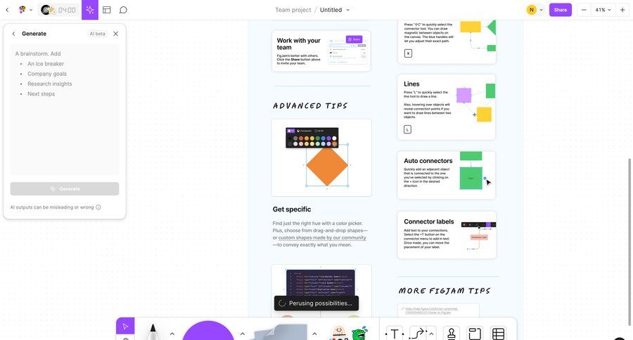 Figma
			 sharing design grid onboarding collaboration code snippet modal screen artificial intelligence generate ai suggestions ui page example