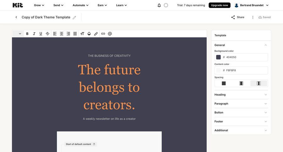 Kit
			 content management settings e-commerce editor split screen color selection template customization content blocks color theme dark ui accordion ui page example