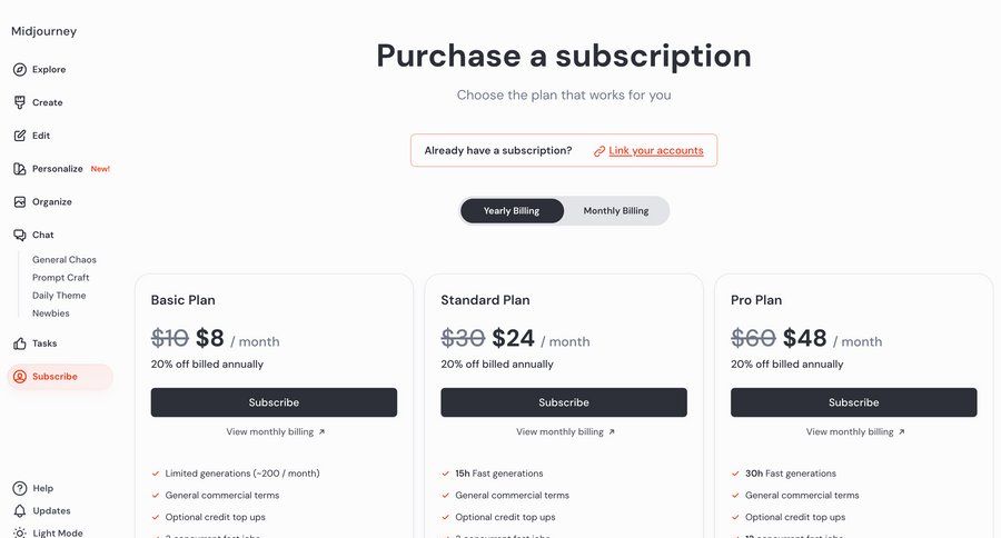 Midjourney
				plans & pricing (in app) ui page example