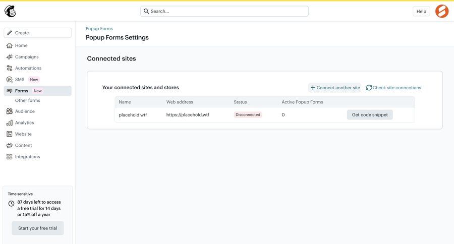 Mailchimp
			 configuration settings dashboard account management onboarding user account marketing automation hierarchical navigation call to action sidebar modern global search code snippet ui page example