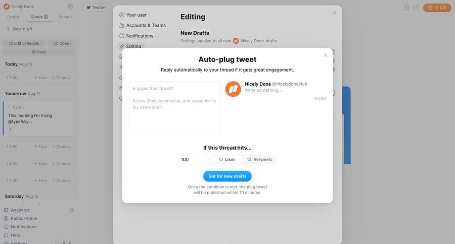 Typefully
			 settings grid form automation setup content scheduling ui page example