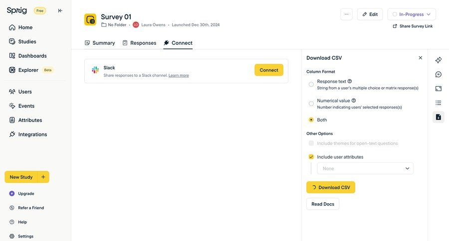 Sprig
			integrations export data management form data export data analysis integration ui page example