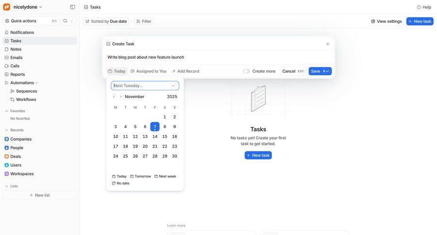 Attio
			 task management sidebar navigation trial banner date picker keyboard shortcuts ui page example