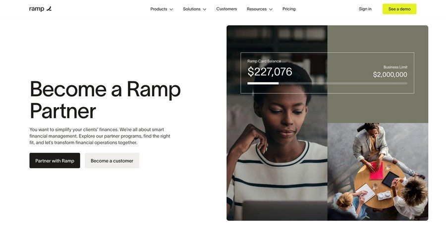 Ramp
			partner program & affiliation alternatives partners experts customer stories data grid affiliate program pricing calculator ui page example