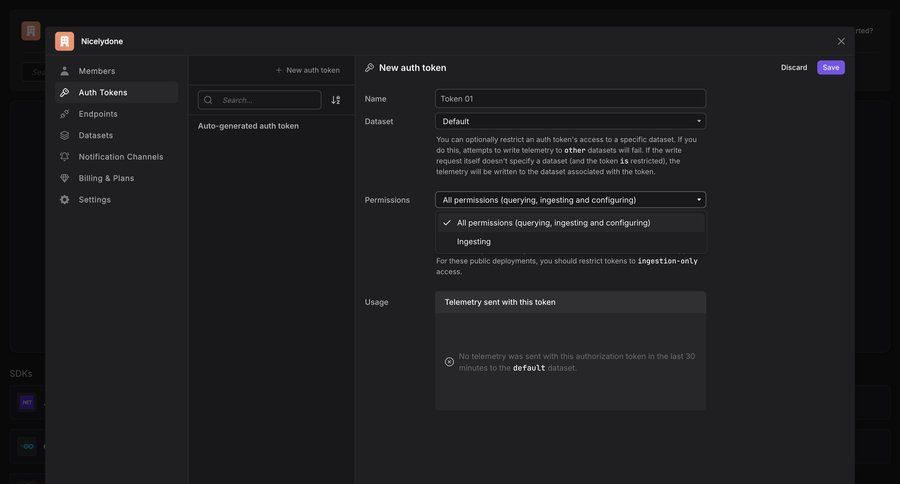 Dash0
			 data management configuration settings onboarding form authentication access control full screen modal sidebar security create permissions ui page example