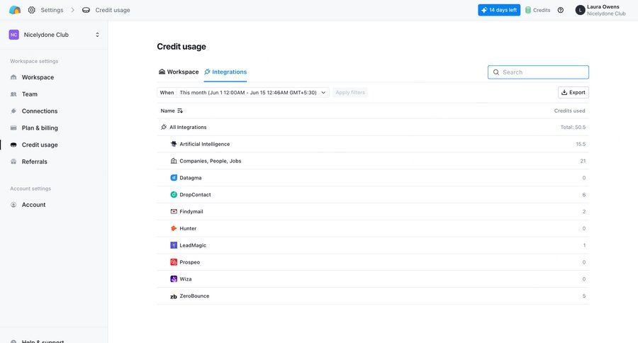 Clay
			 settings dashboard sidebar navigation account management workspace settings export account settings integration management table ui page example