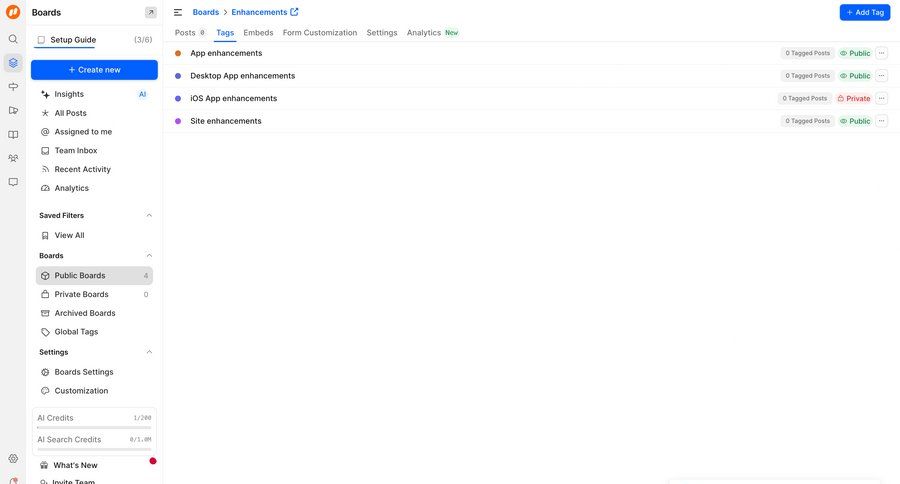 FeatureOS
			 configuration settings sidebar navigation project management onboarding access control tagging tag management create ui page example