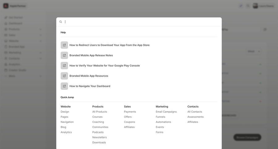 Kajabi
			 partners experts quick actions marketing website design ui page example