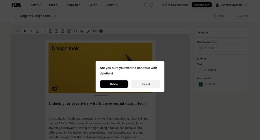 Kit
			 content management editor design modal confirmation cancel deletion template customization cancel trial color palette sidebar modern email confirmation ui page example