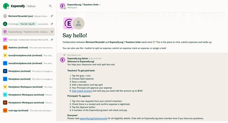 Expensify
			 collaboration team collaboration sidebar navigation onboarding finance expense management conversational interface inbox task communication sidebar message communication chat conversational ui page example