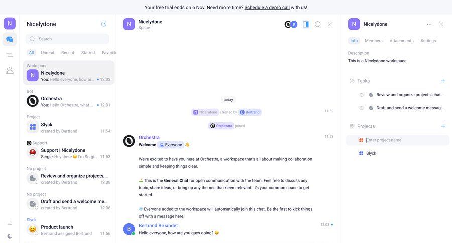 Orchestra
			 task management collaboration project management right sidebar communication chat menu ui page example