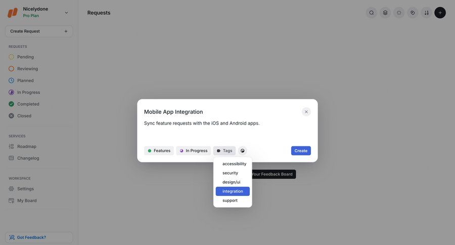 UserJot
			 settings sidebar navigation form tagging integration setup create integration ui page example