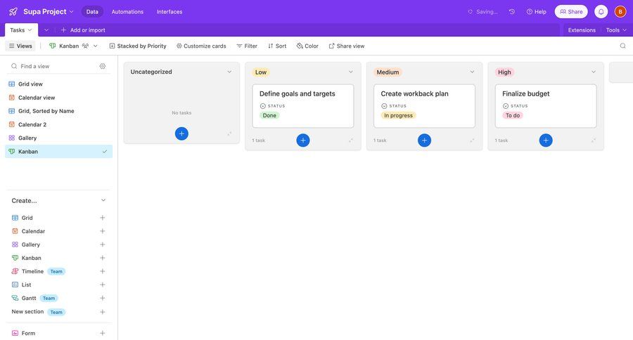 Airtable
			 task management team collaboration sidebar navigation project management kanban board dropdown filters sidebar create menu modern cards ui data grid ui page example