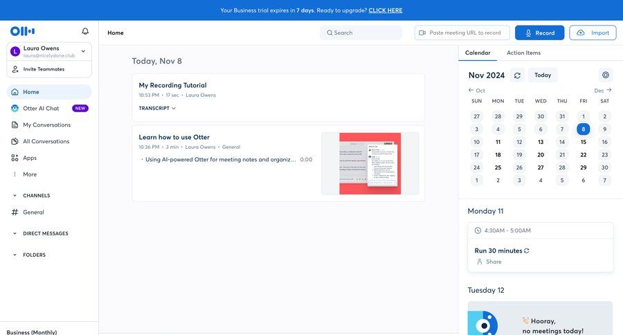 Otter
			 dashboard sidebar navigation onboarding three-column grid scheduling meetings ai assistance content hierarchy calendar screen call recording call transcript sidebar personal space tips modern time selector voice meeting transcript ui page example