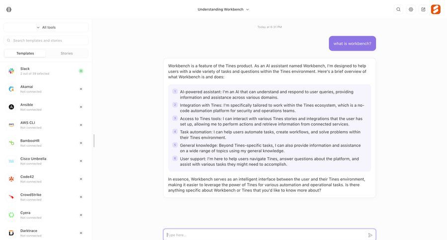 Tines
			 modal screen sidebar navigation onboarding automation integration management task communication sidebar security communication chat chat interface modern conversational ui page example