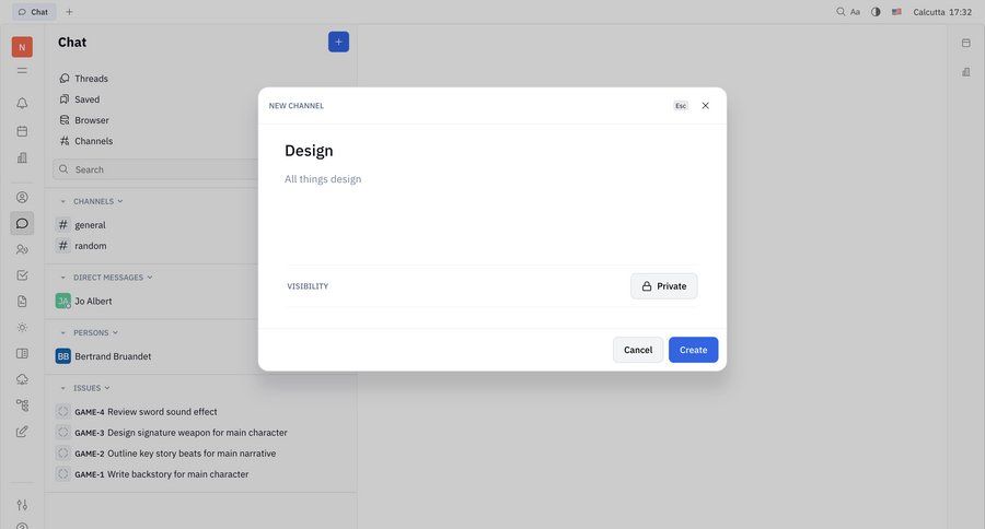 Huly
			 collaboration project management onboarding form account setup channel management cancel action sidebar communication chat navigation bar ui page example