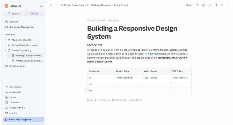 Slite
			 knowledge base team workspace documentation table markdown editor ui page example