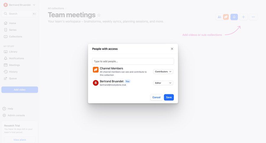 Rewatch
			modal & popover sharing settings modal screen content management collaboration team collaboration user management access control modal interaction save changes sidebar meeting cancel changes ui page example