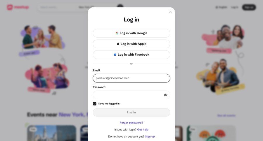 Meetup
			 form user authentication modal dialog user account security log in modern ui page example