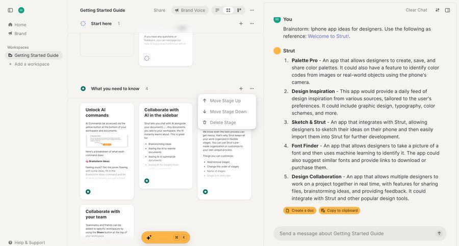 Strut
			 collaboration team collaboration sidebar navigation onboarding design workspace management document creation ai assistance getting started typography color palette call intelligence guide sidebar chat menu guided tour chat interface modern command k ai chat ui page example