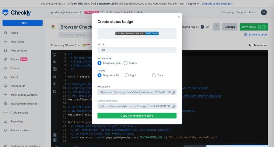 Checkly
			 modal screen configuration form monitoring markdown editor ui page example