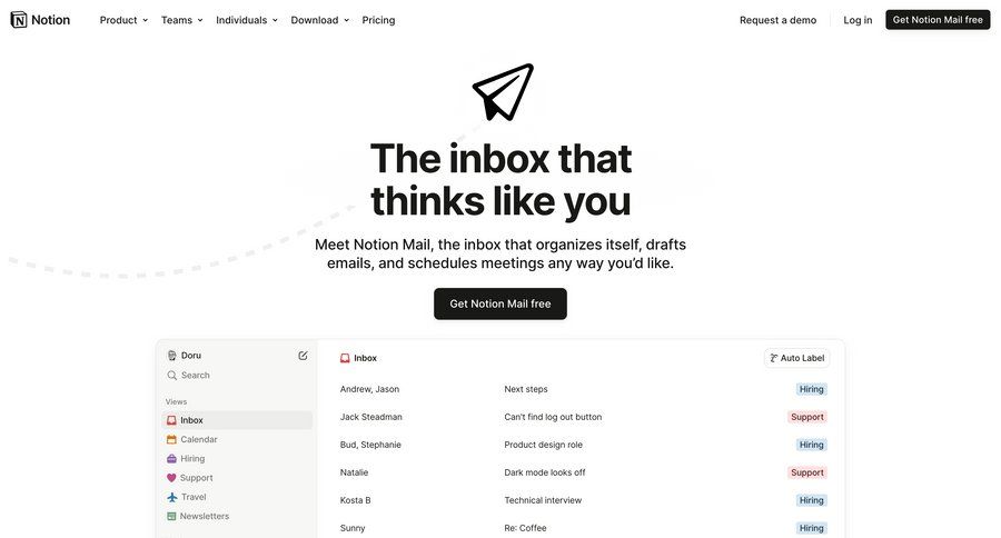 Notion Mail
			 automation inbox coming soon homepage home page email confirmation download report offline mode ui page example