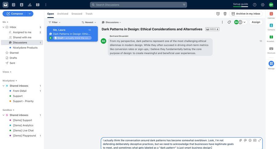 Front
			 collaboration team collaboration sidebar navigation email content hierarchy inbox task communication alert message system notification push notification notification center communication menu alternatives dark ui conversational comment mode ui page example