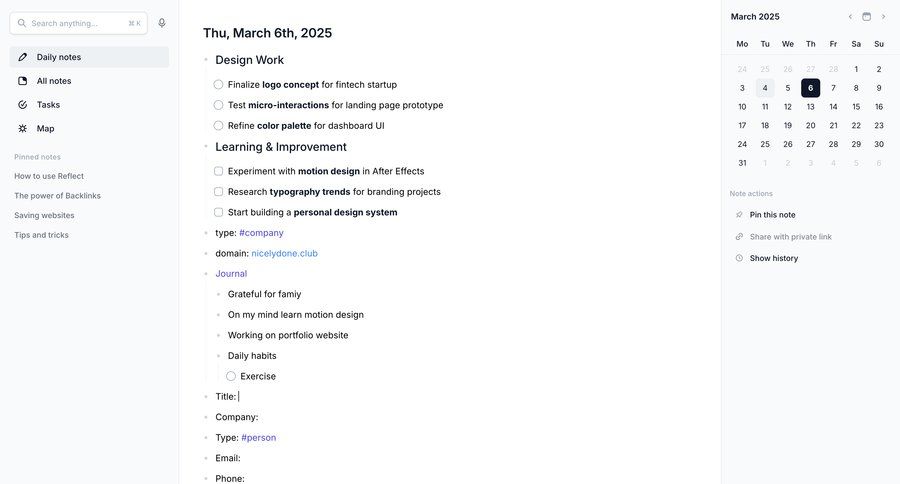 Reflect
			 task management dashboard sidebar navigation full-screen layout calendar events typography color palette sidebar lists date picker datepicker chonology time picker location map time selector map view ui page example