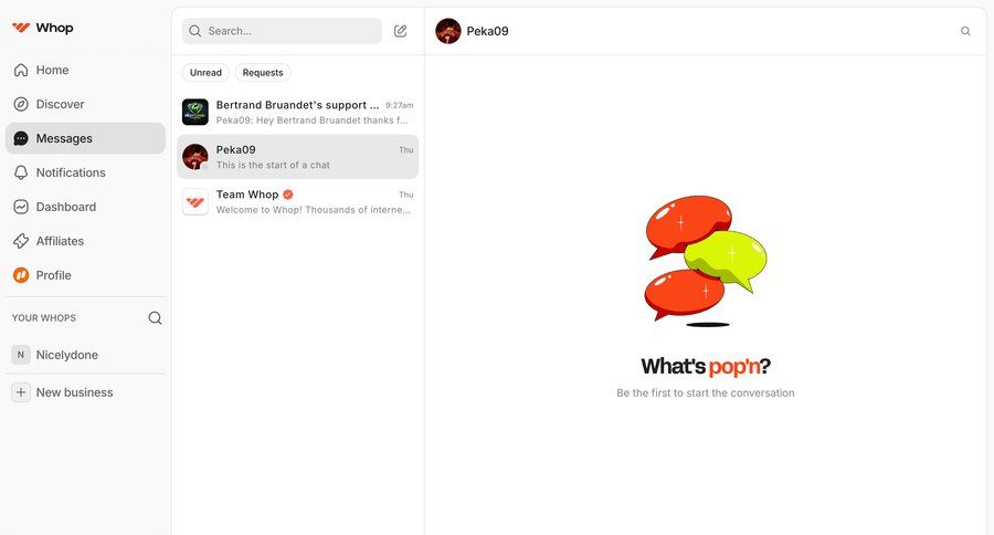 Whop
			 dashboard profile management sidebar communication chat navigation bar modern ui page example