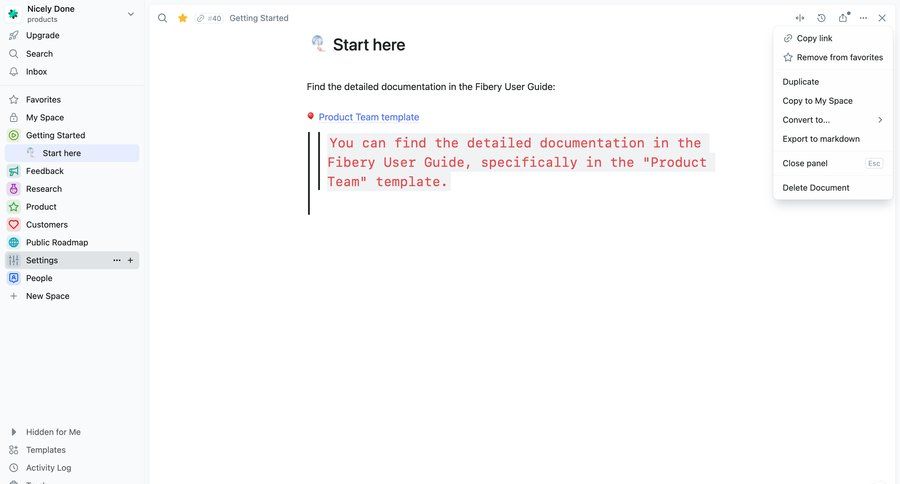 Fibery
			 sidebar navigation onboarding document management knowledge base wysiwyg sidebar menu documentation markdown editor ui page example