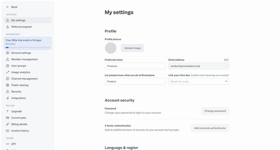 Slite
			 settings account management form account security profile management upload image sidebar security change password ui page example