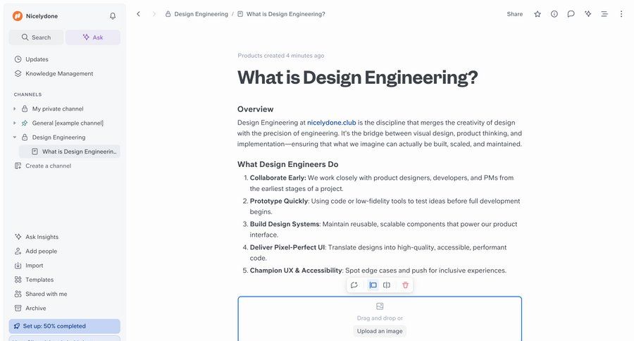 Slite
			 design knowledge base document creation upload image menu article documentation ui page example
