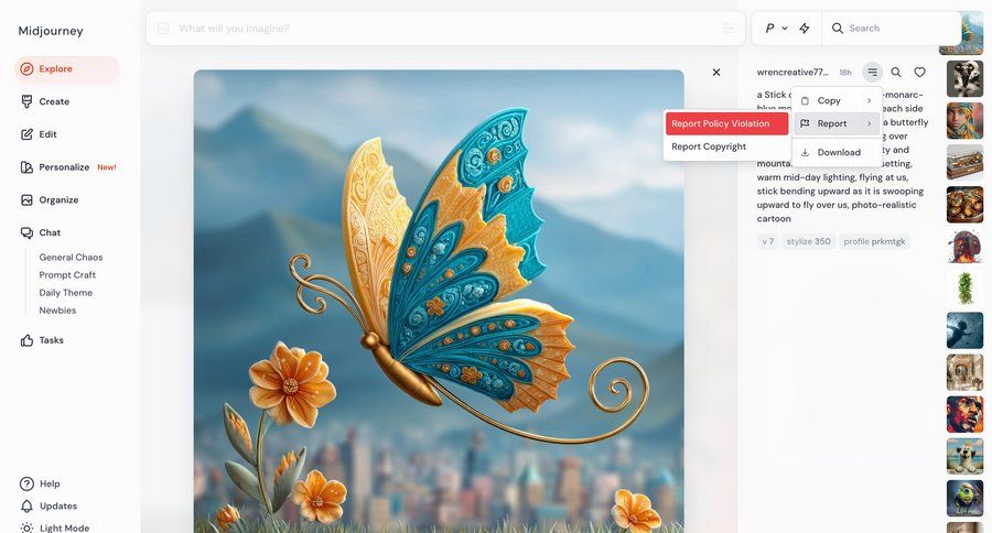 Midjourney
			 modal screen sidebar navigation artificial intelligence grid design content sharing content discovery right sidebar user profile menu search bar ui page example
