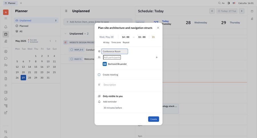 Huly
			 task management sidebar navigation modal dialog scheduling meetings calendar screen sidebar ui page example