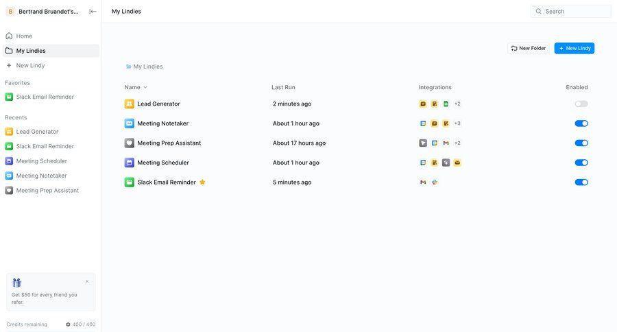 Lindy
			 task management dashboard sidebar navigation grid automation integration management sidebar create ui page example
