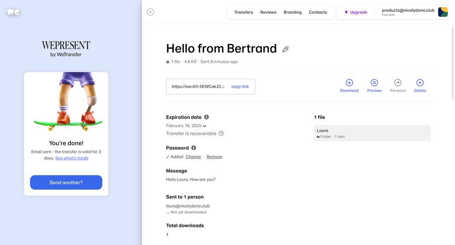 WeTransfer
			 delete confirmation upload image free plan product details information page detail view item details info view file uploader upload file upload media upload documents download file picker sharing ui page example