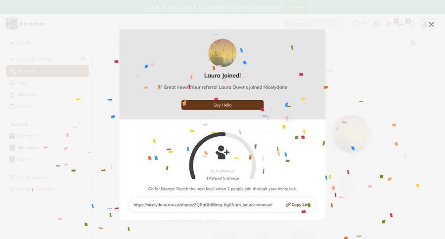 Mighty
			referral & invite your friends modal & popover success state team settings progress tracking progress bar ui page example