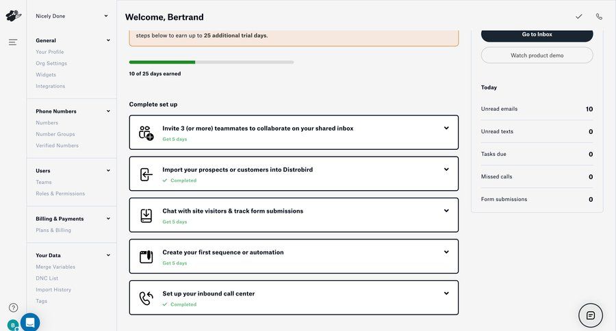 Distrobird
			 task management dashboard sidebar navigation account management onboarding account setup account settings progress tracking task completion navigation sidebar inbox management billing history sidebar setup progress bar accordion ui page example