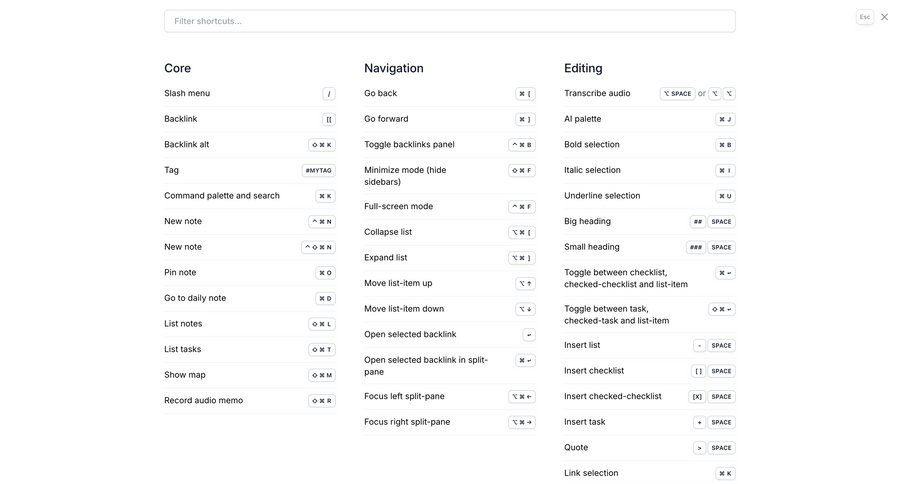 Reflect
			keyboard shortcuts settings grid onboarding keyboard shortcuts shortcuts command k ui page example