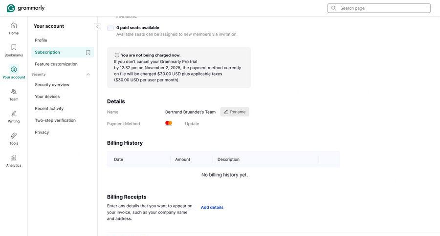 Grammarly
				billing ui page example