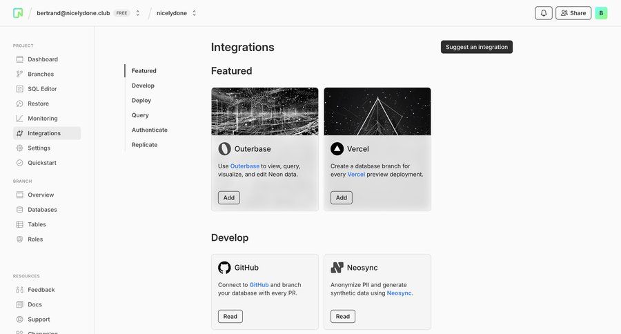 Neon
			 sidebar navigation integration management deploy sidebar setup integration ui page example