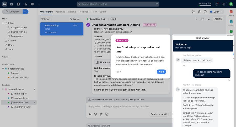 Front
			 sidebar navigation onboarding conversational ui onboarding modal customer communication task communication tutorial sidebar communication chat messages guided tour chat interface conversational ui page example