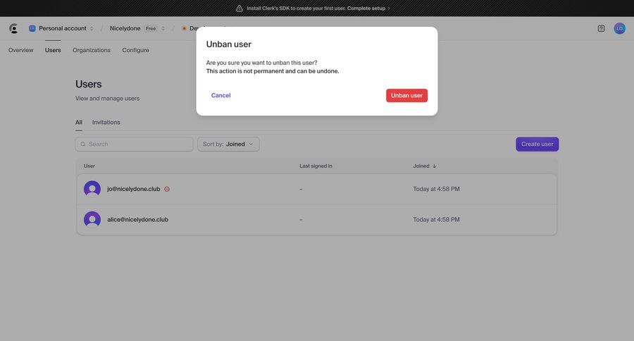 Clerk
			 user management confirmation modal confirmation security user collaborators group members table ui page example