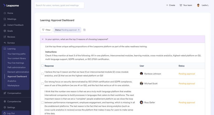 Leapsome
			 dashboard sidebar navigation instructions user data sidebar table review approval workflow ui page example