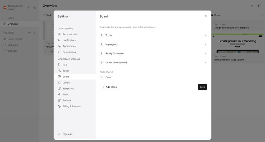 Workflow
			 settings project management customize ui page example