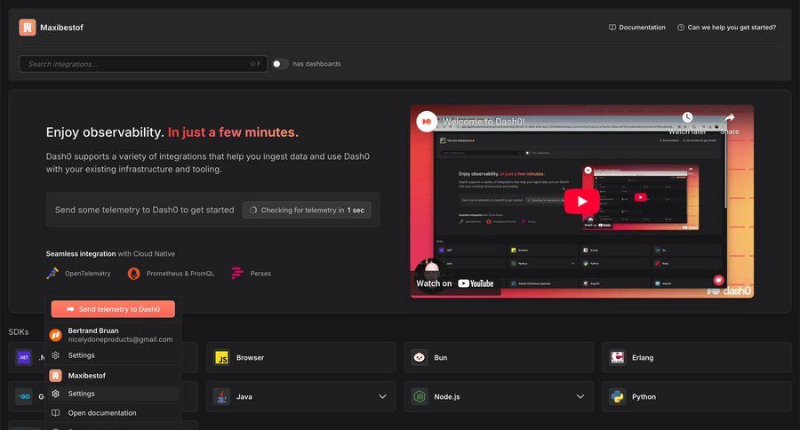 Dash0
			 settings dashboard account management grid onboarding progress indicator account settings full-screen layout integration setup integration management menu integration documentation ui page example