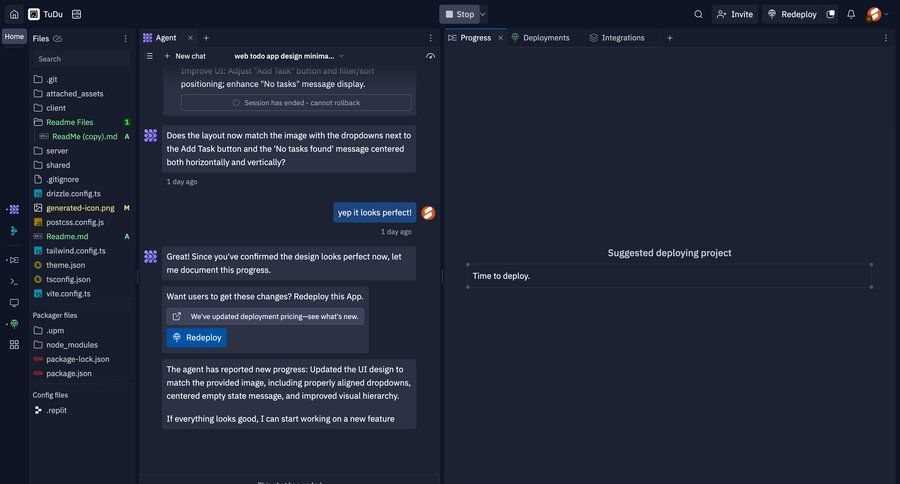 Replit
			 dashboard project management grid file management project collaboration conversational ui empty state illustration deploy sidebar message chat integration filter ui chat interface ui page example